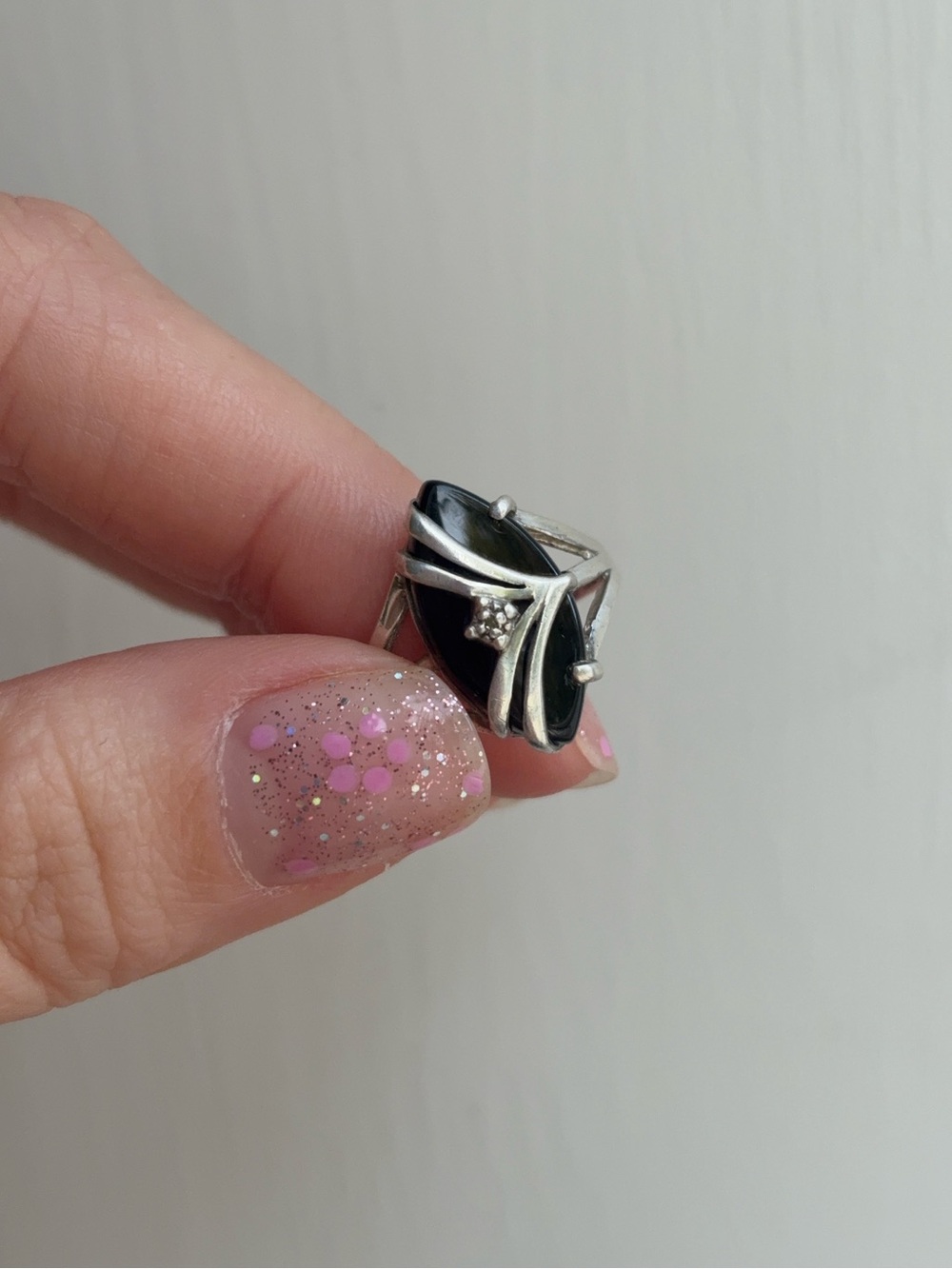 Sterling Silver Vintage Art Deco Black Onyx Gemstone Diamond Navette Ring - Picture 4 of 9